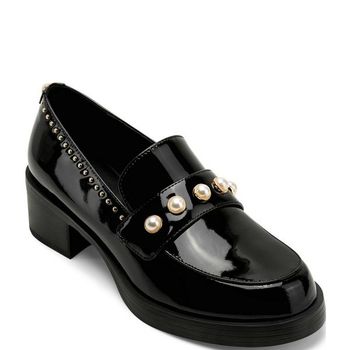 칼라거펠드 카밀리아 페이턴트 스터드 펄 오너먼트 블록 힐 로퍼 펌프스 블랙 여성