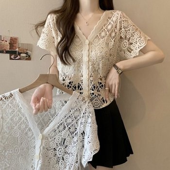 여성 크로쉐 뜨개 반팔 브이넥 여름 가디건 (KYR-WFK5LCK)