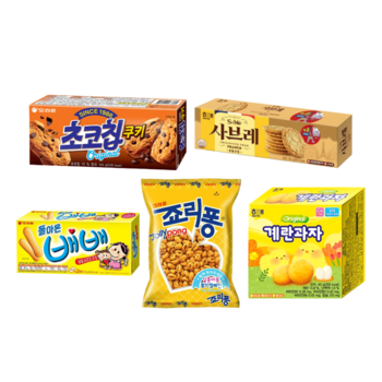초코칩쿠키 104g + 사브레 84g + 배배 80g + 죠리퐁 74g + 계란과자 45g 5종세트