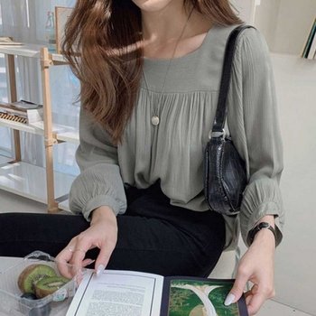 직장인 올데이 긴팔 YRu 출근 여자 룩 셔링 베이직 스퀘어넥