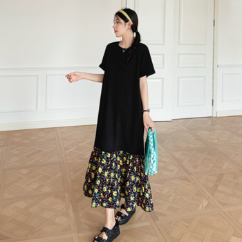 에디츠 밑단 플라워 반팔 롱 원피스