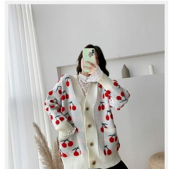 패턴 가디건 레드 니트가디건 앵두 크림