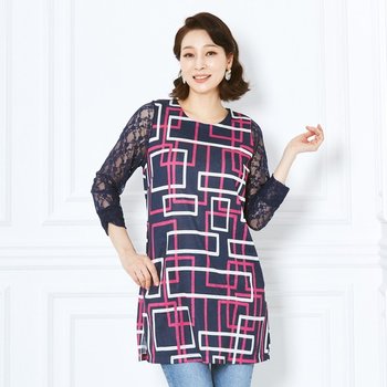 스퀘어 프린트 레이스 롱 블라우스 K221BL04