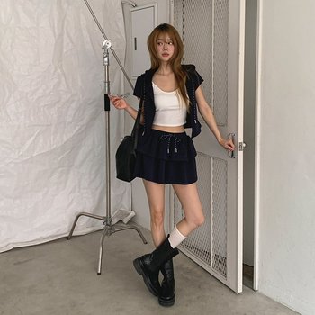 파이로 반팔 후드집업 캉캉 미니스커트 세트