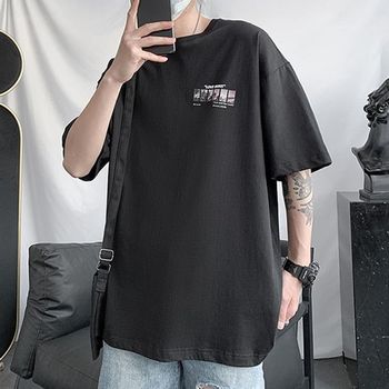 남자 감성 포토 프린팅 반팔티 데일리 스트릿룩 올블랙코디