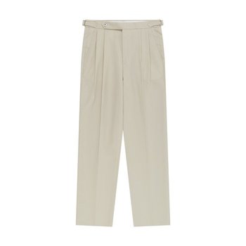 Essential Wool Gabardine Adjust Twill 2-Pleated Relaxed Trousers (Beige)