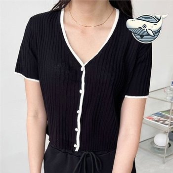 브이넥 배색 골지 반팔 가디건 신축성 여름 (WFH6BTQ)