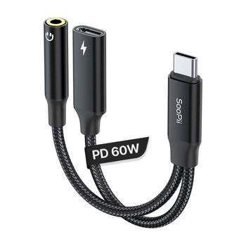블랙 PD 60W 겸용 변환젠더 이어폰 충전 젠더 오디오 듀얼