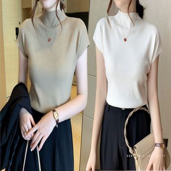여성 EDTC9331 니트 반팔티 여름 캡소매 반목 데일리 상의 4색