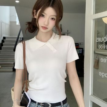 여성 SWFT7998 세련된 사선 버튼 커팅 베이직 얇은 카라티셔츠
