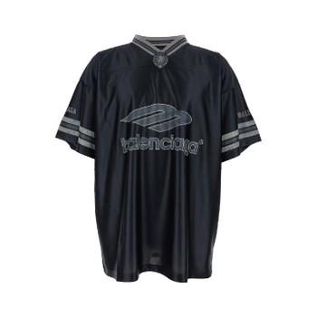 BALENCIAGA Black Tshirt with stand up collar and maxi logo on front and back in tech fabri