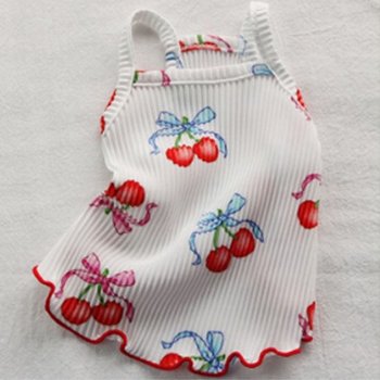 강아지 체리 세로 주름 나시티 화이트 1P 여름 티셔츠