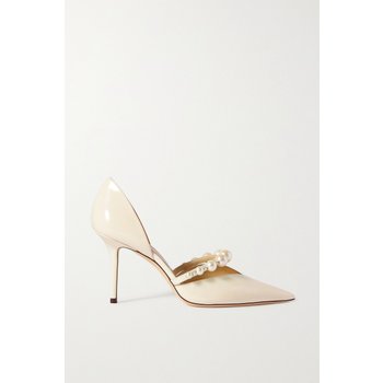 [해외] 지미추 오렐리 인조 진주 장식 페이턴트 가죽 펌프스 85mm 화이트 6630340696700243