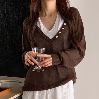 라팜 브이넥 루즈핏 시스루 니트티_M4969