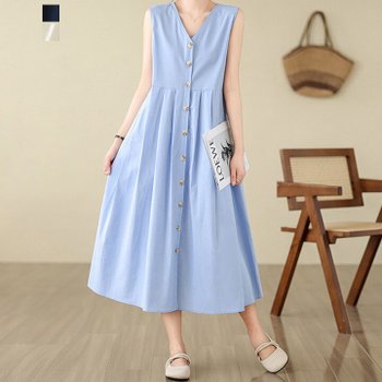 [퀸이즈] [77까지]토티 슬리브리스 버튼 라인 롱원피스