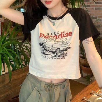 여자 NIXI0571 모던한 크롭 프린팅 스타일 배색 반팔티 추천 데일리 기