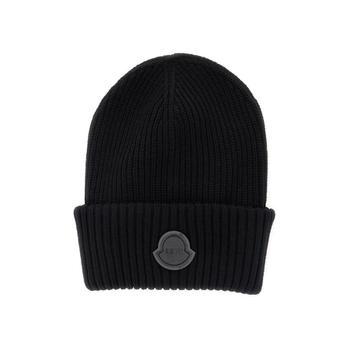 MONCLER GENIUS Black Ribbed Beanie with Logo Patch on the Front in Virgin Wool Woman 3B000