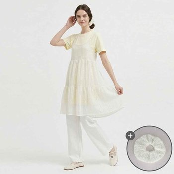 [샵앤] 여성 라운드 반팔 롱티 뜨개 레이스 끈나시 캉캉원피스 세트 SHA-WSET-21167-옐로우