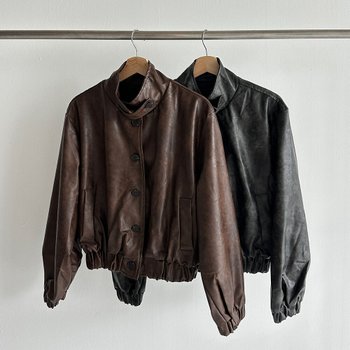 여성 빈티지 가죽 하이넥 자켓 밴딩 버튼 디자인