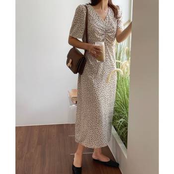 데일리 여성 롱 원피스 드레스 하객 비넬 도트 셔링