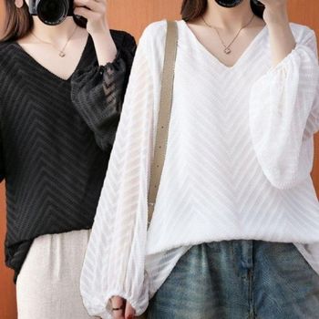 여성 XGPS2708 세련된 가을 블라우스 패턴 벌룬 브이넥 봄 긴팔