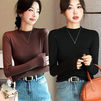여성 RN31QT85 짧은 티셔츠 데일리 얇은 반목티셔츠 무지 반목