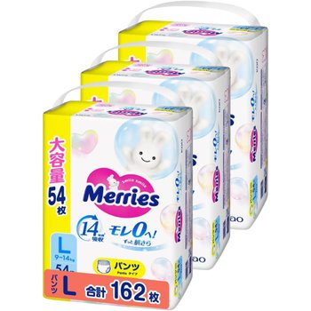 [해외] Merries 메리즈 에어스루 팬티형 기저귀 L사이즈 54매 3팩 총 162매 (9~14kg)