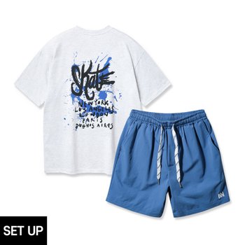 [SET]앨빈클로 SKATE 오버핏 반팔티 스트링 포인트 우븐 반바지 셋업