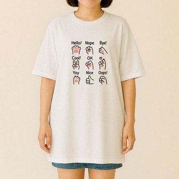 88사이즈 데일리 빅사이즈 남녀공용 티 제스처 손 고양이 프린팅 오버핏 여름