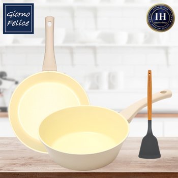 [죠르노펠리체] IH 하모니 멀티 프라이팬 28cm+웍팬 28cm+우드 핸들 실리콘 뒤집개 GF-IM8WSST