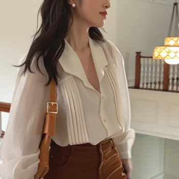 슈팅스타 / 심플 베이직 우아한 카라넥 바스트 플리츠 주름 긴팔 셔츠 B1103