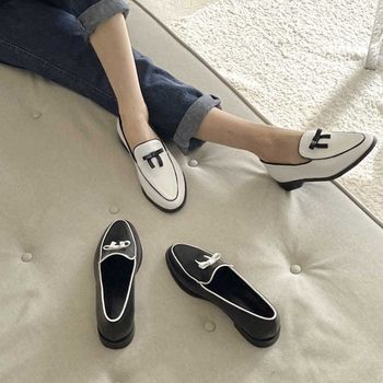 여자신발 발등 리본장식 포인트 투톤 테두리 라인 클래식 로퍼