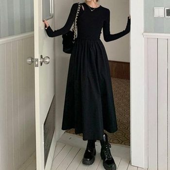 이중 MAIV4119 시크한 올블랙 여성 펀칭 원피스 1P 봄가을 A라인 치마