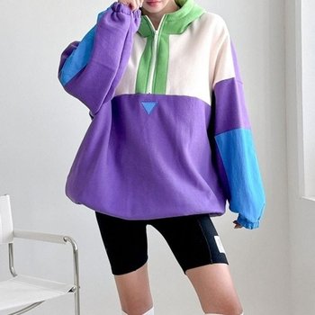 [다잇템] 여자 블록코어룩 하프집업 후디 양기모 큰사이즈 티셔츠_19181242_588872