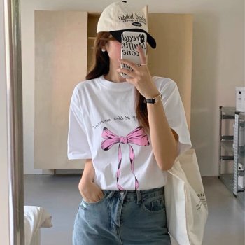 플로렌 / 로지 핑크 리본 반팔 티셔츠 BA40649