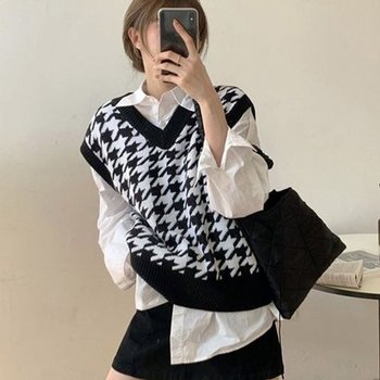 데일리룩 조끼 여성조끼 봄 가을 하운드체크 브이넥 간절기 베스...