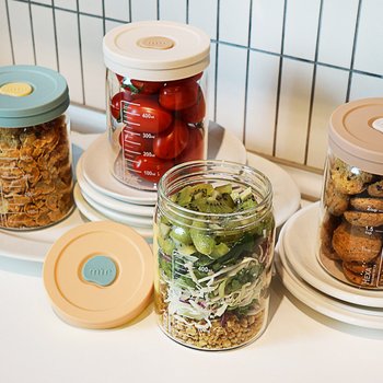 헥사 내열유리 눈금유리병 투톤실리콘캡 4종세트 600ml 샐러드 밀프렙 소분