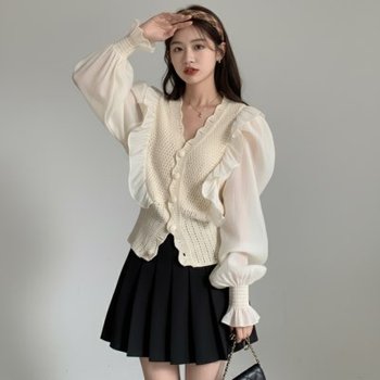 여성 샤랄라 믹스 앤 매치 가디건 프릴 니트 가오리핏 링클 디테일