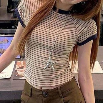 여름 크롭 스트라이프 여성 여성티셔츠 티셔츠 (46OVh)