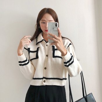 자동뽀샵 배색라인 포켓 카라 크롭 니트 가디건