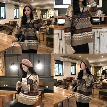 브라운 LOGN1524 세련된 인기 빈티지 노르딕 라운드넥 니트