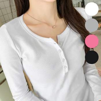 골지 VK23VE99 스판 긴팔 티셔츠 헨리넥 여성 단추 쫄티