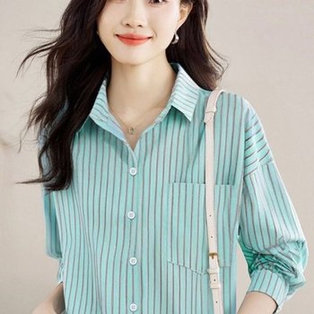 여성블라우스 F713041 화사한 민트 줄문의 카라 블라우스 셔츠 남방...