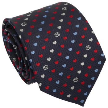 구찌 695339 네이비 인터로킹G 하트 패턴 슬림 실크 넥타이