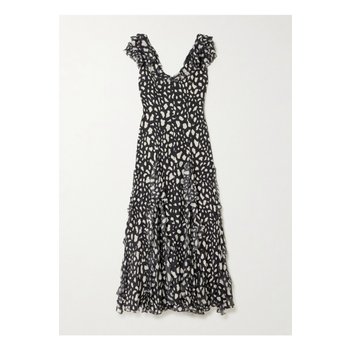 [해외] 릭소런던 앰비카 러플 프린트 실크 시폰 미디 드레스 멀티컬러 46376663162890088