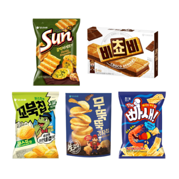 썬 갈릭바게트 135g + 비쵸비 125g + 꼬북칩 콘스프 120g + 무뚝뚝 감자칩 106g + THE 빠새 100g 5종세트