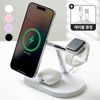 누아트 3in1 맥세이프 호환 마그네틱 무선 충전기, 핑크/블랙/화이트