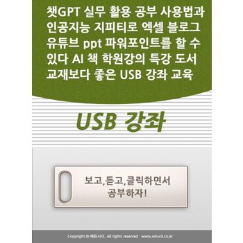챗GPT 실무 활용 가이드 Chat  공부 사용법과 인공지능 지피티 엑셀 블로그 유튜브 ppt 배우기  수업  AI 기초 책 학원강의 특강 도서 교재보다 좋은 USB 강좌 교육