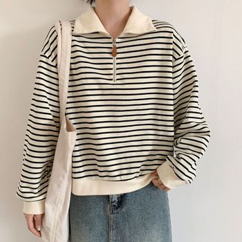 여자 WRSM1998 차분한 단가라 줄무늬 디자인 하프 집업 긴팔 스웨트