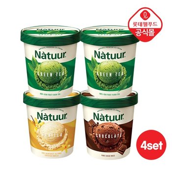 [롯데 나뚜루] 파인트 474ml 4개 세트 (녹차 2+바닐라 1+초코 1)